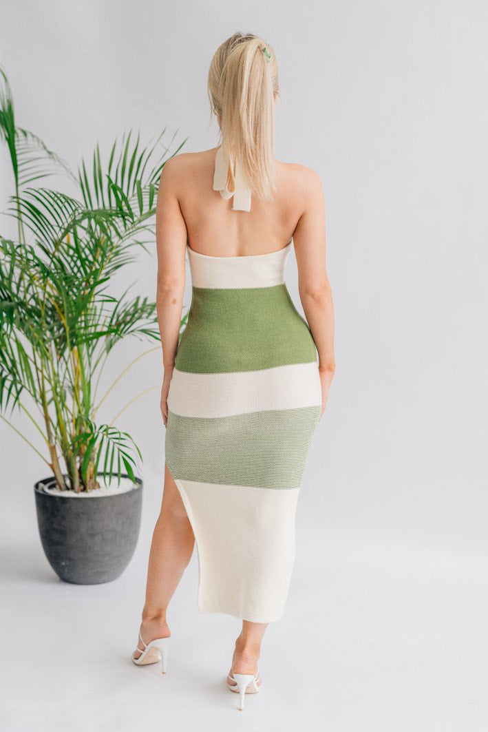 Green Stripe Thigh Split Halter Neck Midi Dress