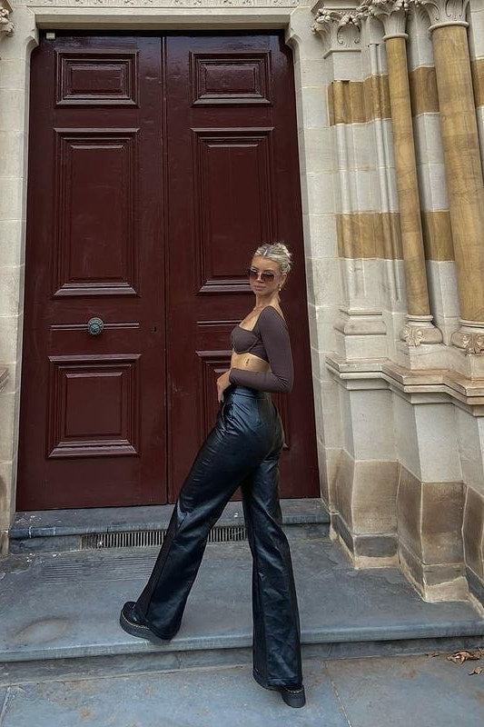 Brown Square Neck Long Sleeve Crop Top