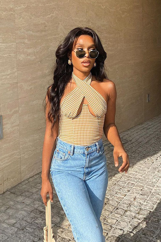 Brown Check Print Cross Over Underwired Halterneck Crop Top