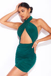 Emerald Green Slinky Cross Over Halterneck Mini Dress