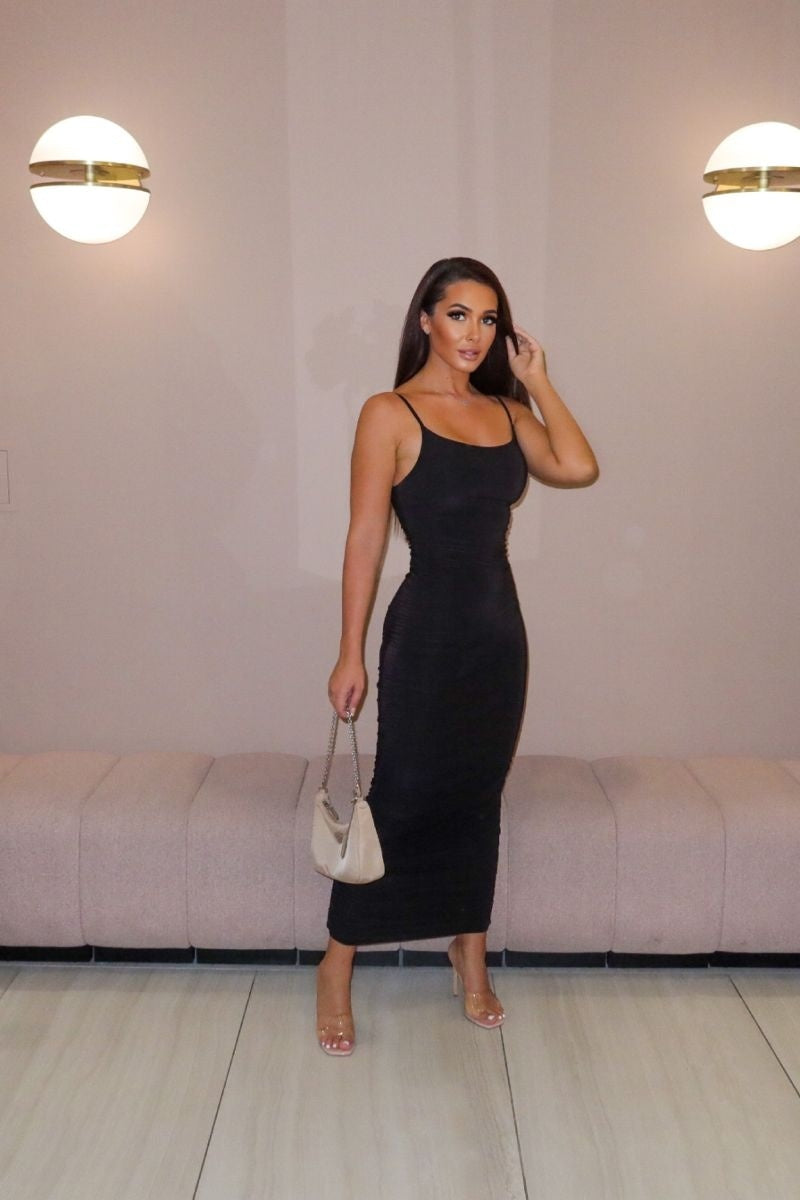Black Slinky Ruched Cami Strap Midi Dress