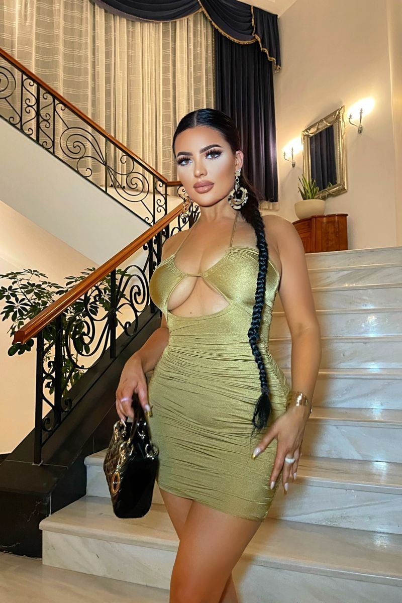 Olive Slinky Cross Strap Ruched Detail Mini Dress