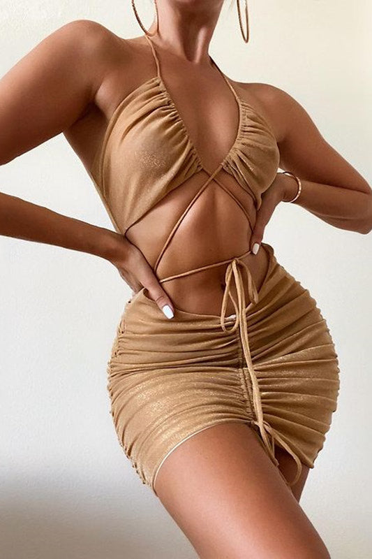 Gold Sparkly Cross Strap Ruched Mini Dress