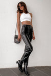 Black Faux Leather Contrast Stitch Straight Leg Trousers