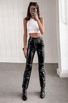Black Faux Leather Contrast Stitch Straight Leg Trousers
