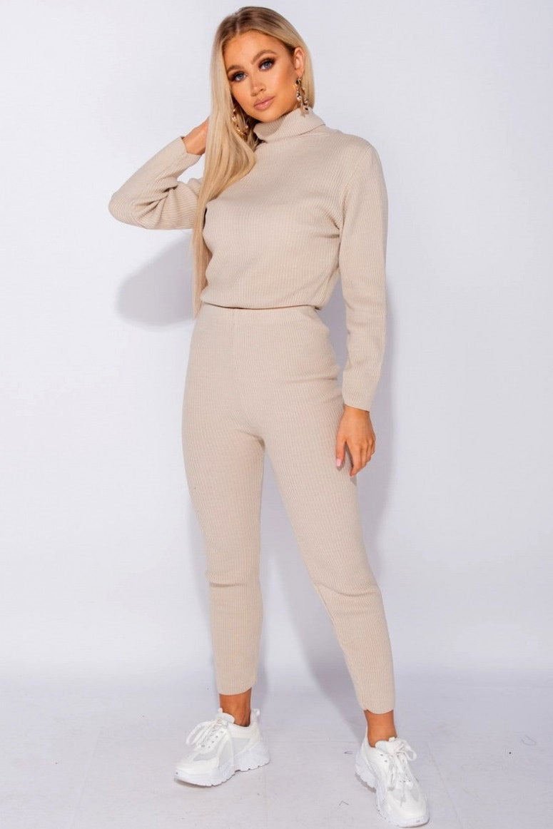 Beige Rib Knitted Roll Neck Loungewear Set
