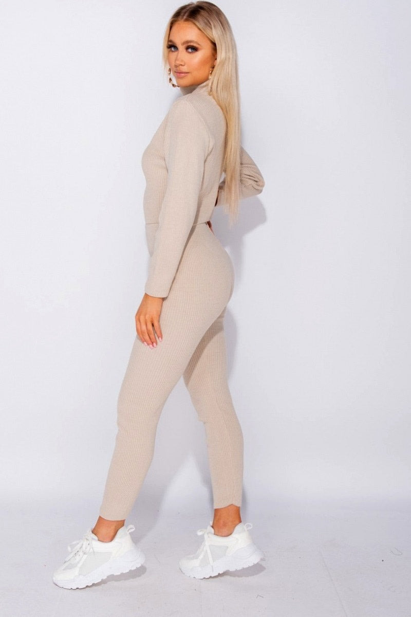 Beige Rib Knitted Roll Neck Loungewear Set