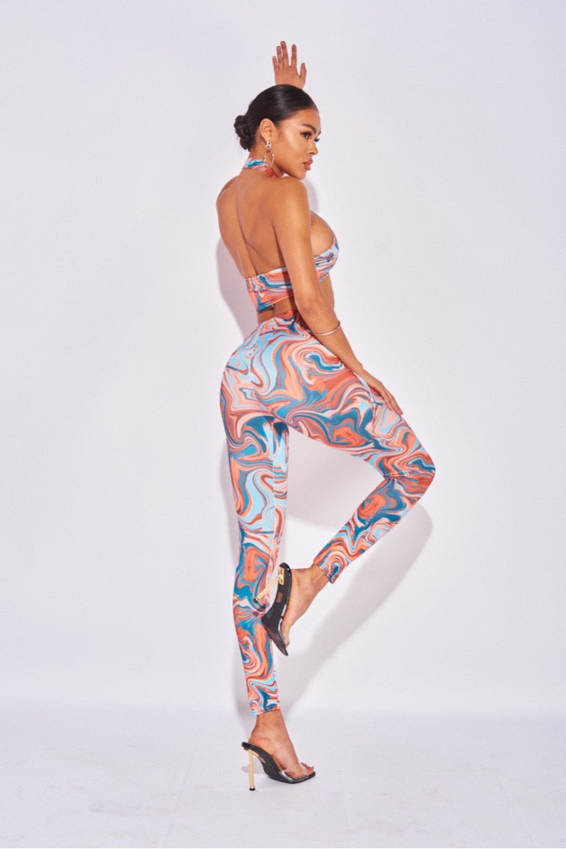 Orange Marble Print Wrap Top & Cut Out Trouser Co-Ord
