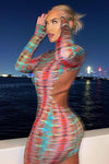Multi Abstract Print High Neck Open Back Mini Dress