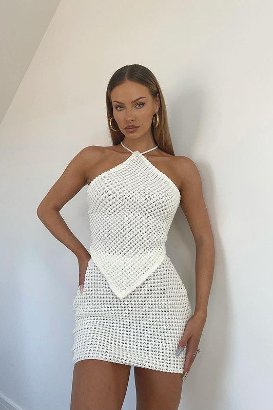 Ivory Knitted Halter Crop Top & Mini Skirt Co-Ord