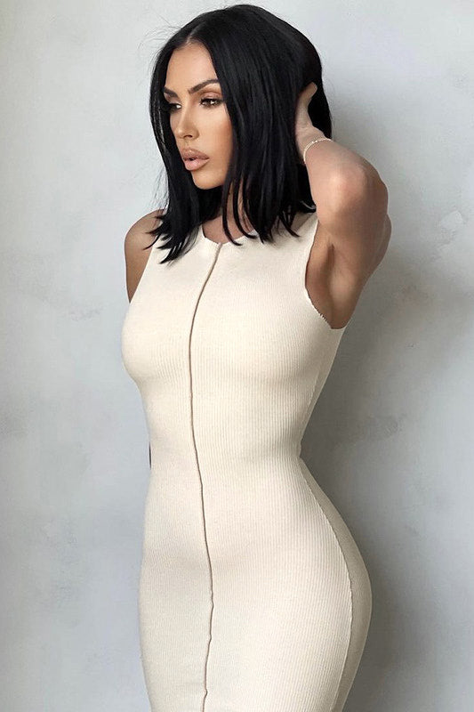 Beige Ribbed Exposed Seam Sleeveless Midi Dress