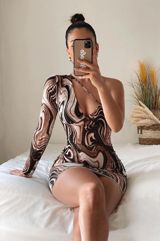 Brown Marble Print One Shoulder Mini Dress