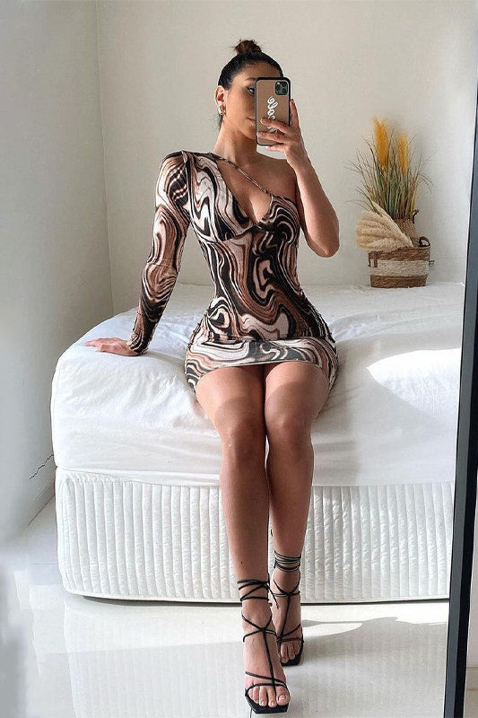 Brown Marble Print One Shoulder Mini Dress