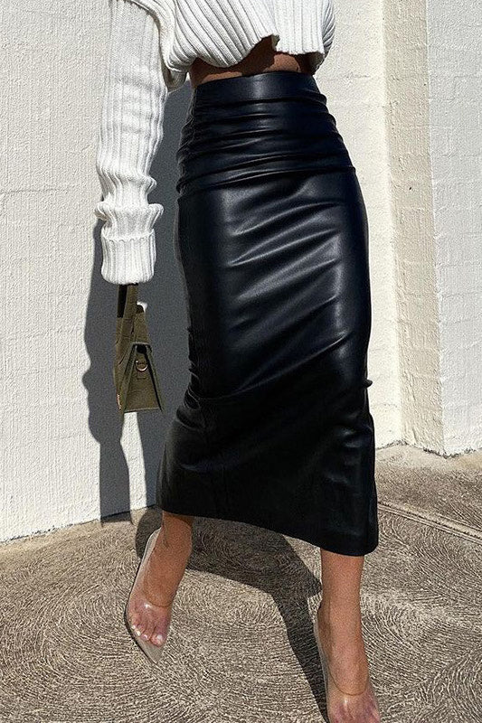 Black Vegan Faux Leather Ruched Detail Midi Skirt