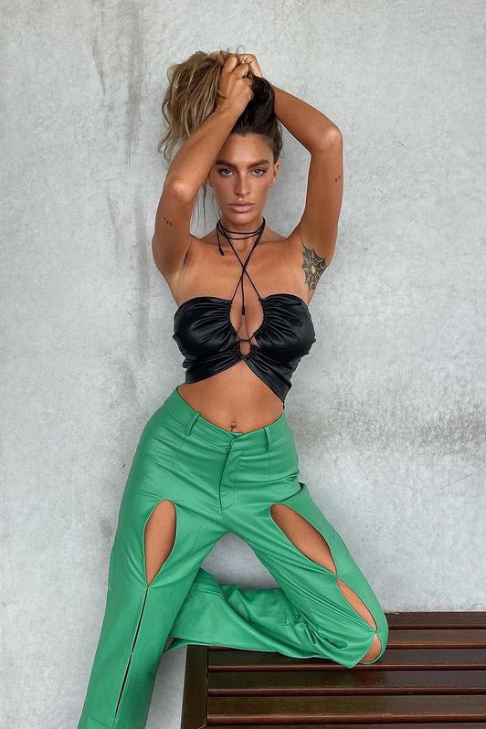 Black Faux Leather Ruched Adjustable Tie Detail Top