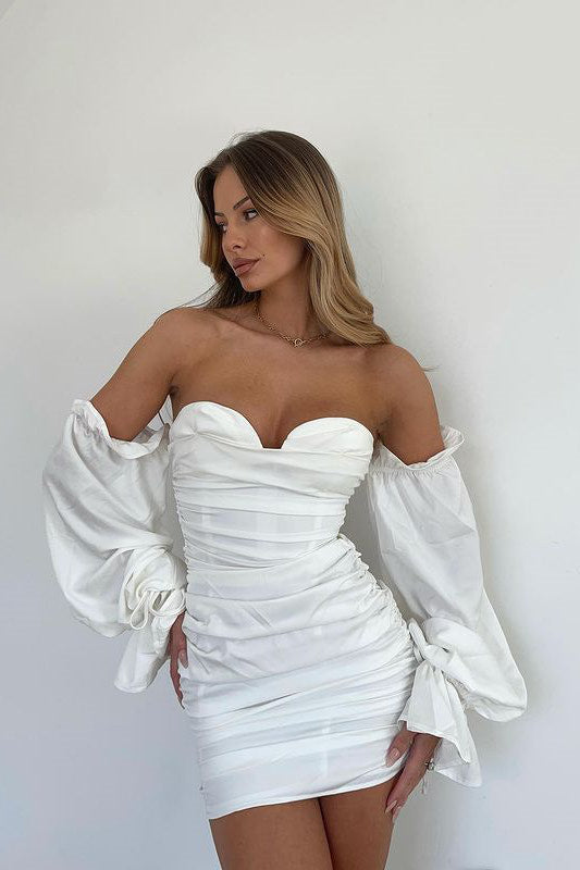 White Satin Ruched Off Shoulder Tie Sleeve Mini Dress