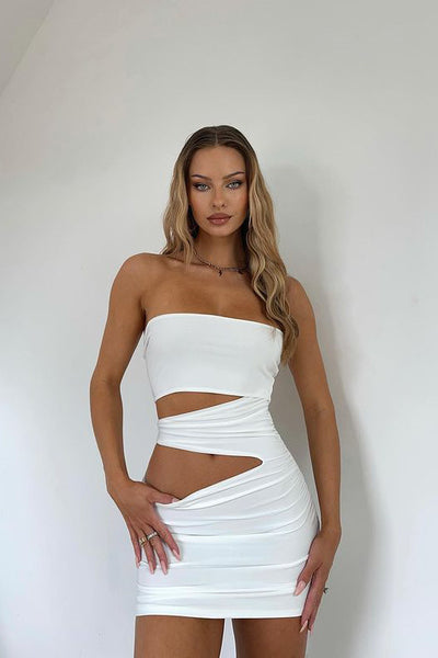 White Ruched Cut Out Detail Bandeau Mini Dress | Nothingbutstyle