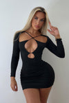 Black Criss Cross Cut Out Long Sleeve Mini Dress