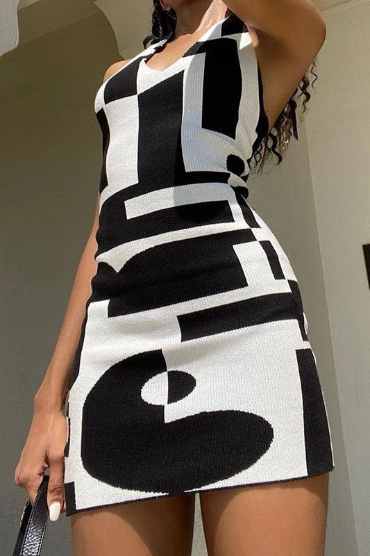 Black Contrast Print Knit Halterneck Backless Mini Dress