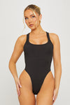 Black Ribbed Racer Back High Leg Bodysuit