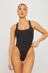 Black Ribbed Racer Back High Leg Bodysuit