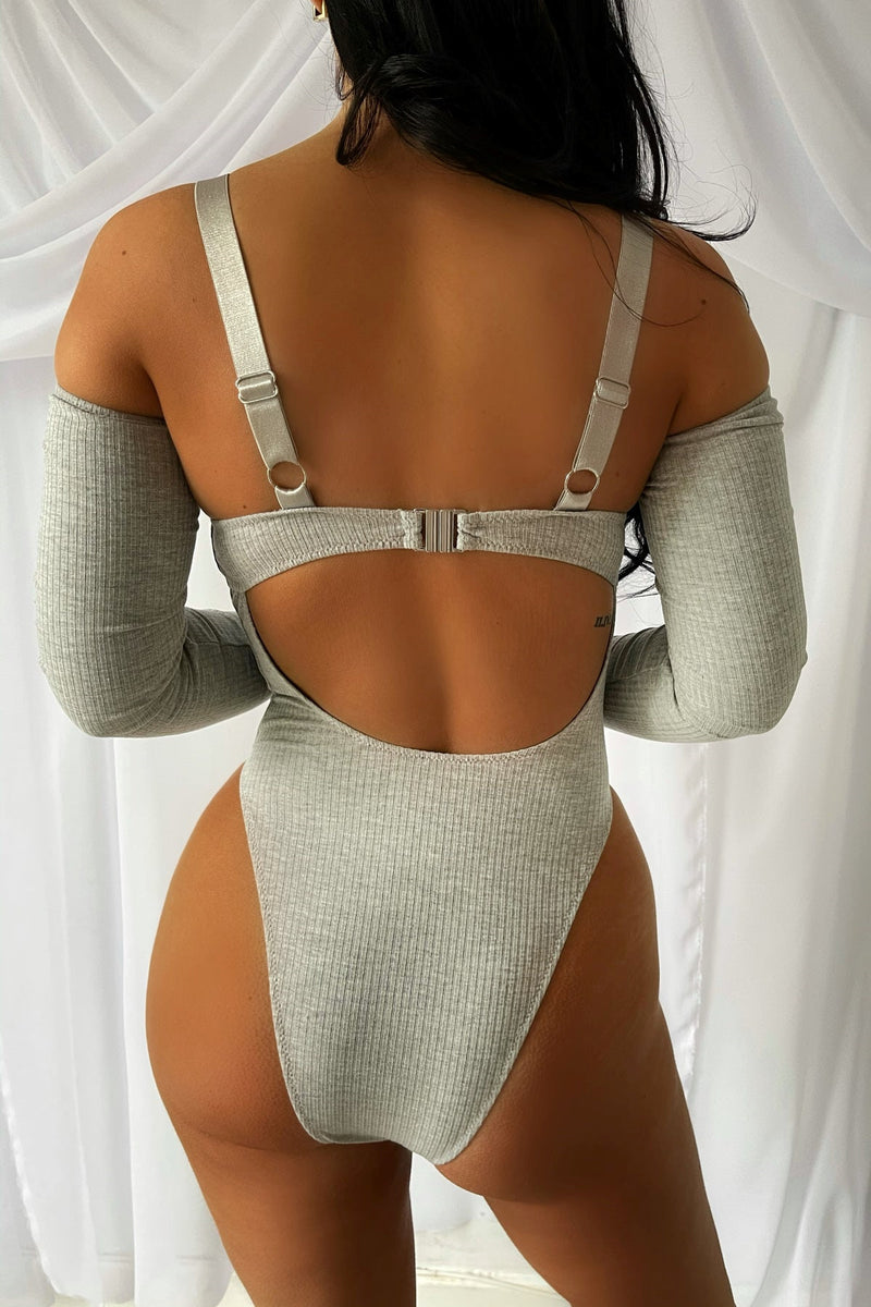 Light Grey Ribbed Removable Sleeve Bodysuit