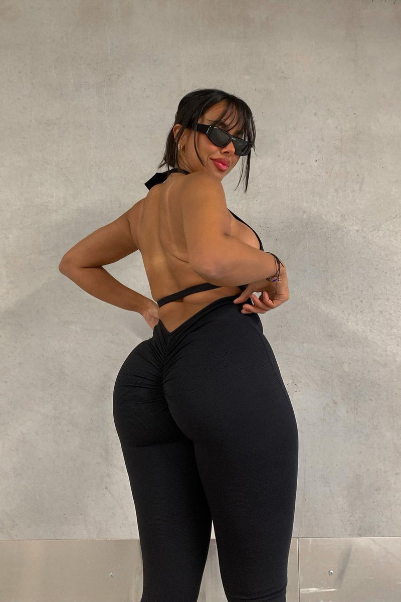 Black Halterneck Ruched Backless Jumpsuit
