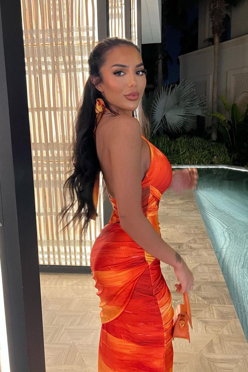 Orange Ombre Print Halterneck Cut Out Midi Dress