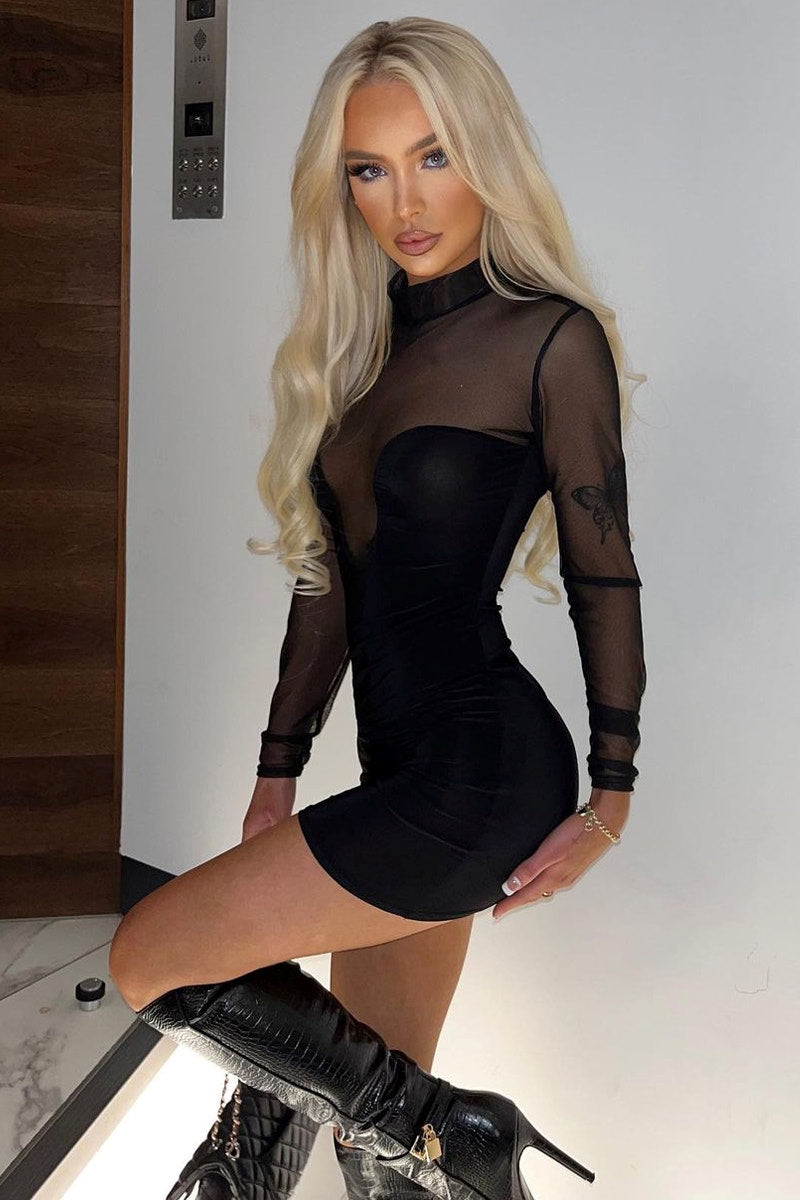 Black Mesh Panel High Neck Mini Dress