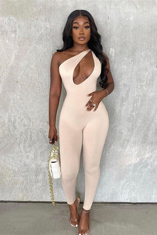 Beige Cut Out Asymmetric One Shoulder Jumpsuit