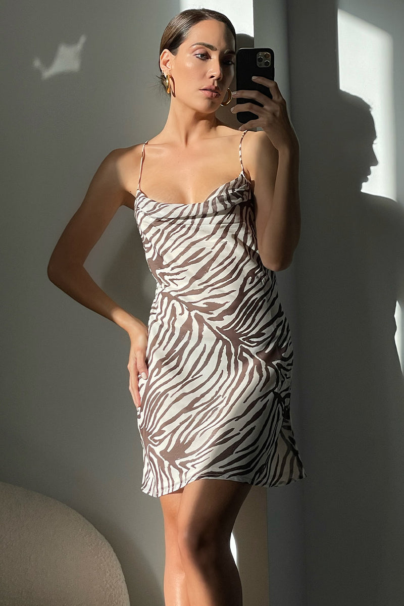 Zebra Print Cowl Neck Spaghetti Strap Mini Dress
