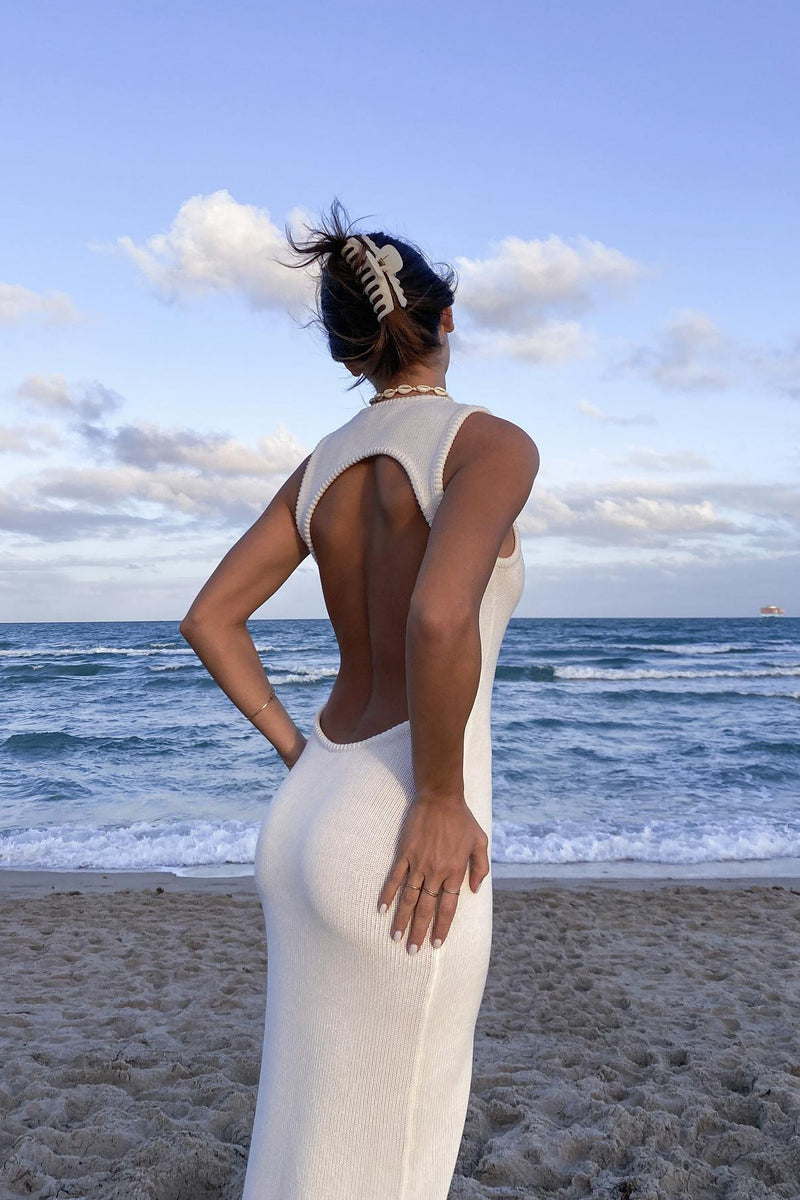 White Ribbed Open Back Sleeveless Maxi Dress