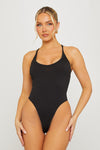 Black Ribbed Plunge High Leg Bodysuit
