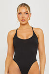 Black Ribbed Plunge High Leg Bodysuit