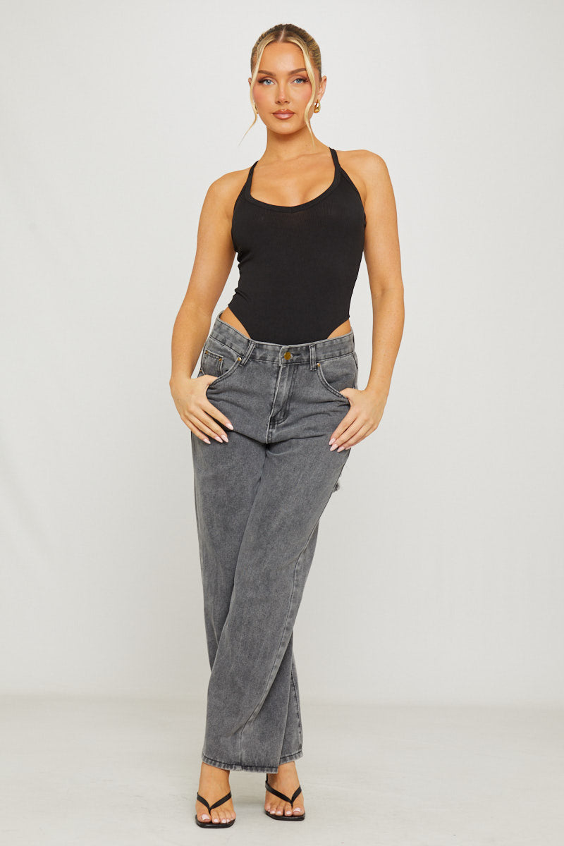 Black Ribbed Plunge High Leg Bodysuit