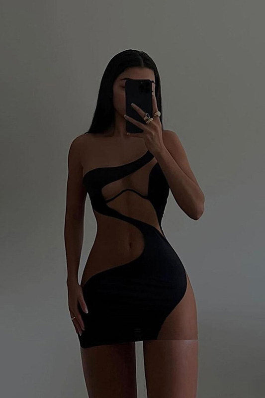 Black One Shoulder Mesh Cut Out Mini Dress
