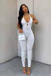 White Ribbed Halterneck Keyhole Cut Out Jumpsuit