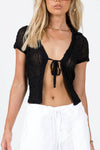 Black Sheer Tie Front Short Sleeve Top