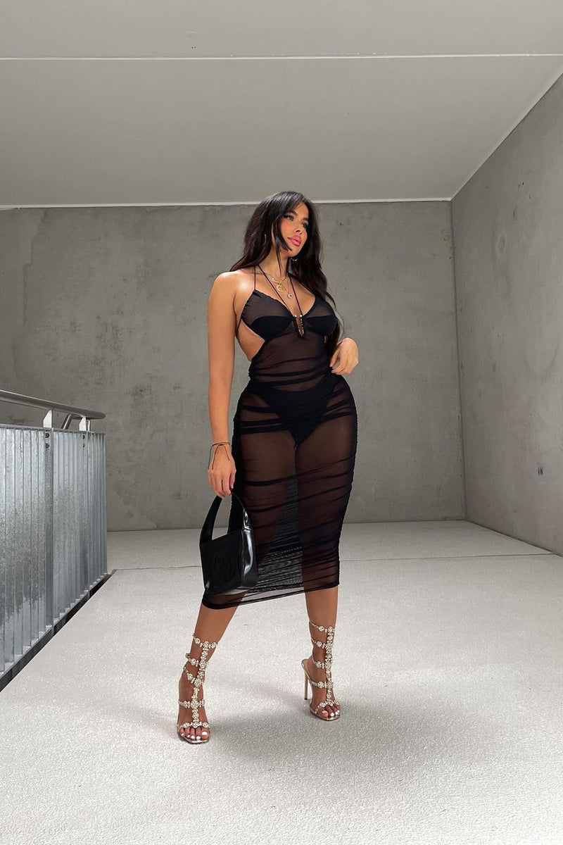 Black Sheer Mesh Ruched Halter Midi Dress