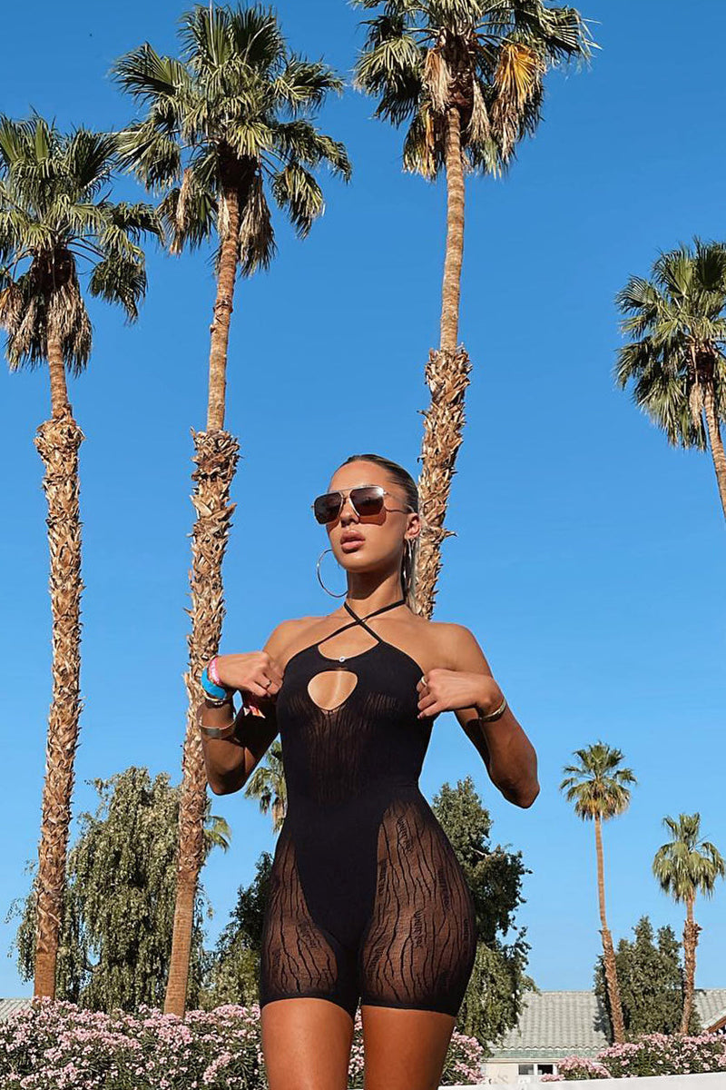 Black Mesh Zebra Detail Halter Playsuit