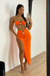 Orange Hammered Trim Bandeau Top & Slit Maxi Skirt