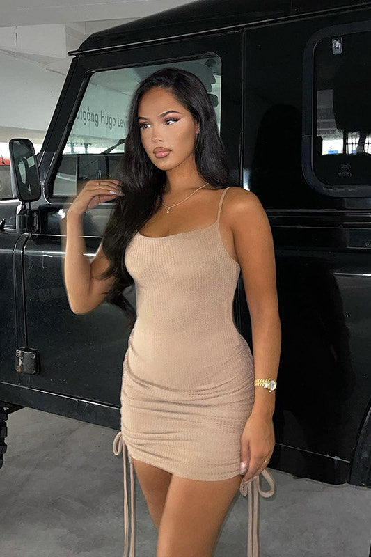 Beige Ribbed Ruched Side Drawstring Mini Dress