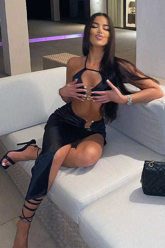 Black Hammered Trim Halter Top & Slit Midi Skirt