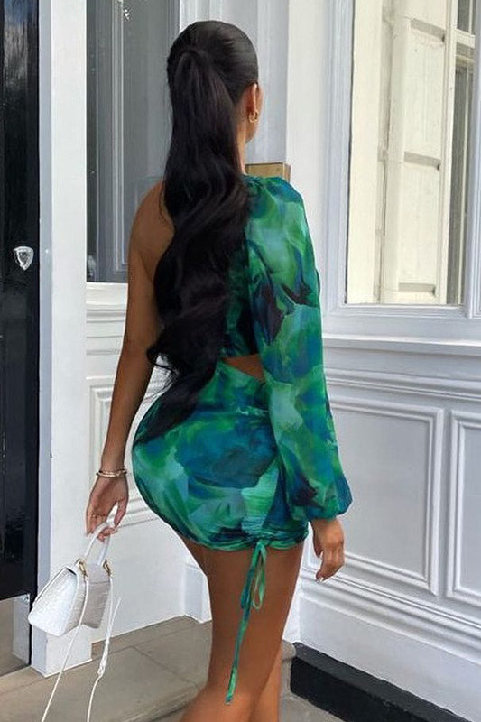 Green Printed One Shoulder Cut Out Mini Dress