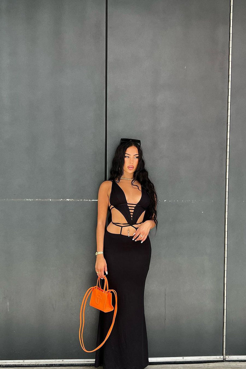 Black Plunge Adjustable Strap Open Back Maxi Dress