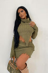 Khaki Chunky Knit Distressed Crop Top & Mini Skirt