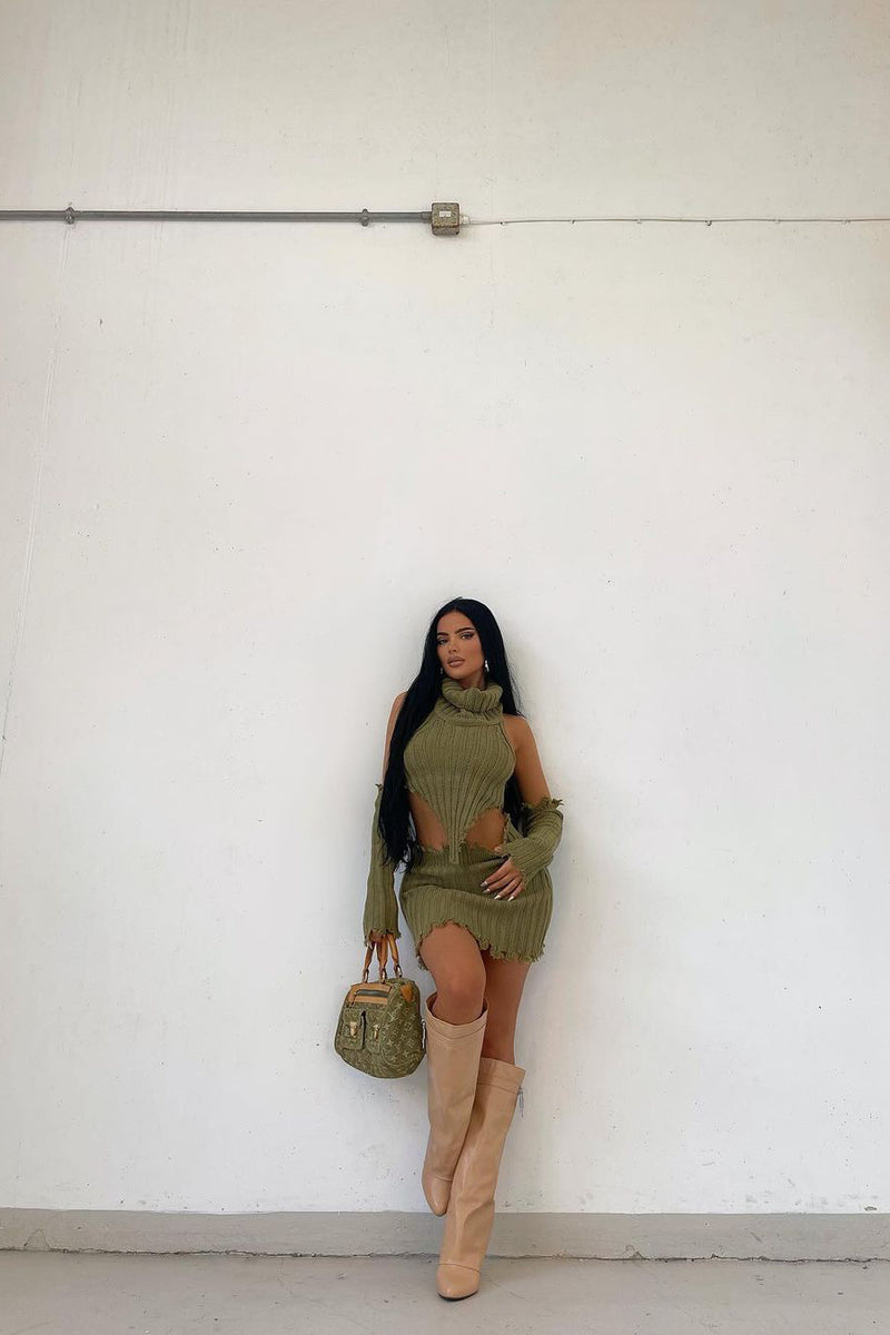 Khaki Chunky Knit Distressed Crop Top & Mini Skirt