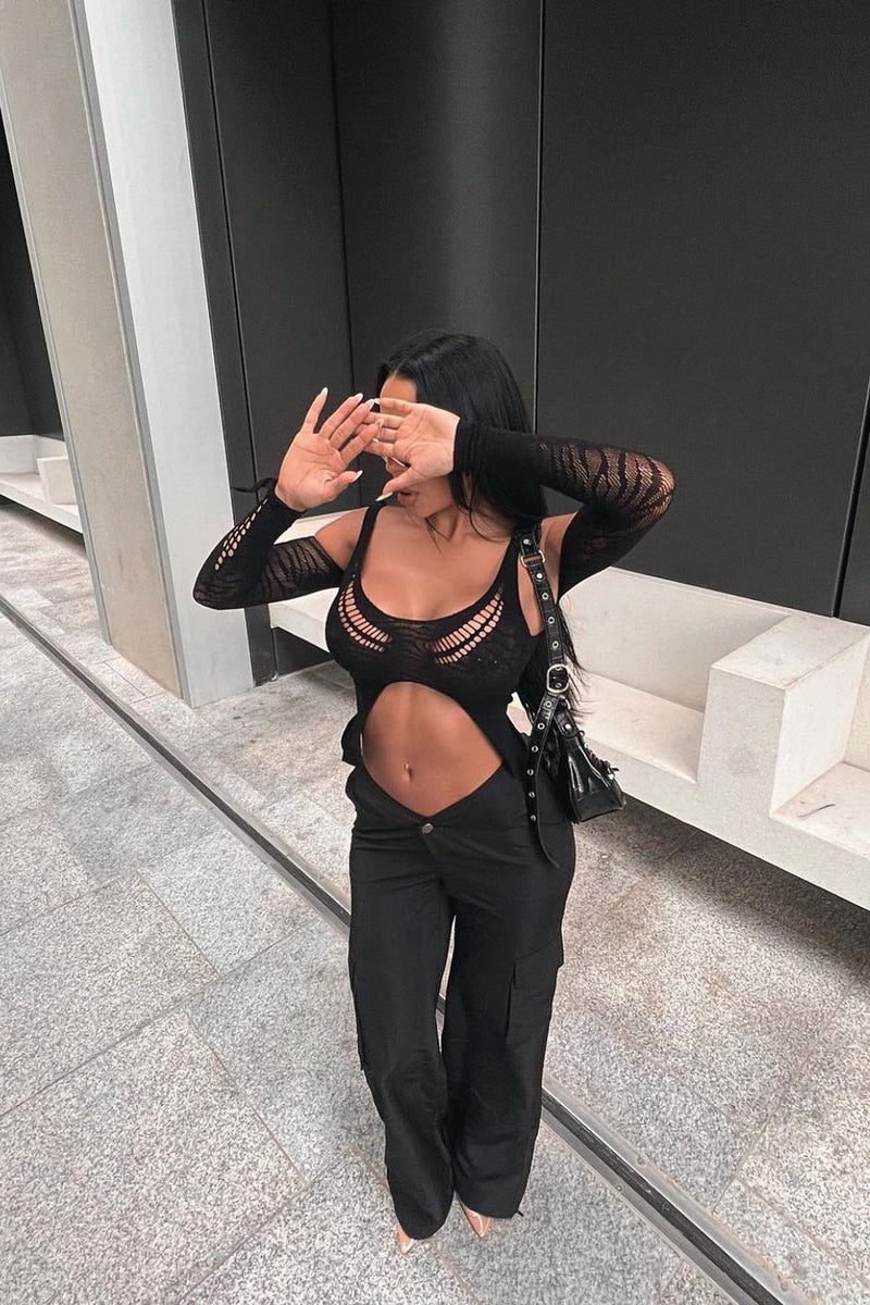 Black Mesh Zebra Detail Cut Out Crop Top