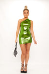 Green Metallic One Shoulder Ruched Mini Dress