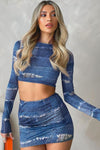 Blue Denim Print Crop Top & Mini Skirt Co-Ord
